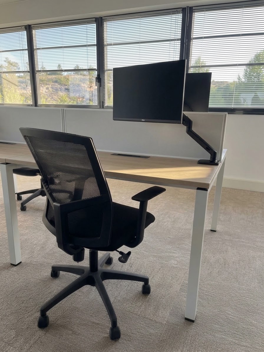 Bureau près d'une grande fenêtre, avec un écran et un fauteuil de bureau, lumière du jour