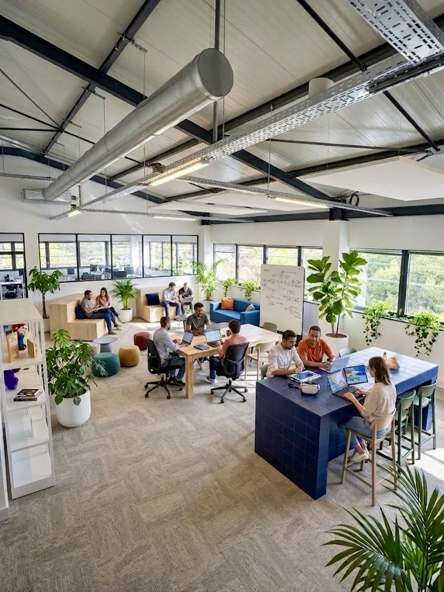 Grand espace commun lumineux avec tables, plantes et membres qui travaillent ensemble
